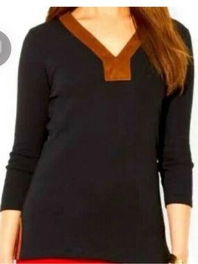 Lauren Ralph Lauren Black Tunic with Brown V-Neck Trim XS